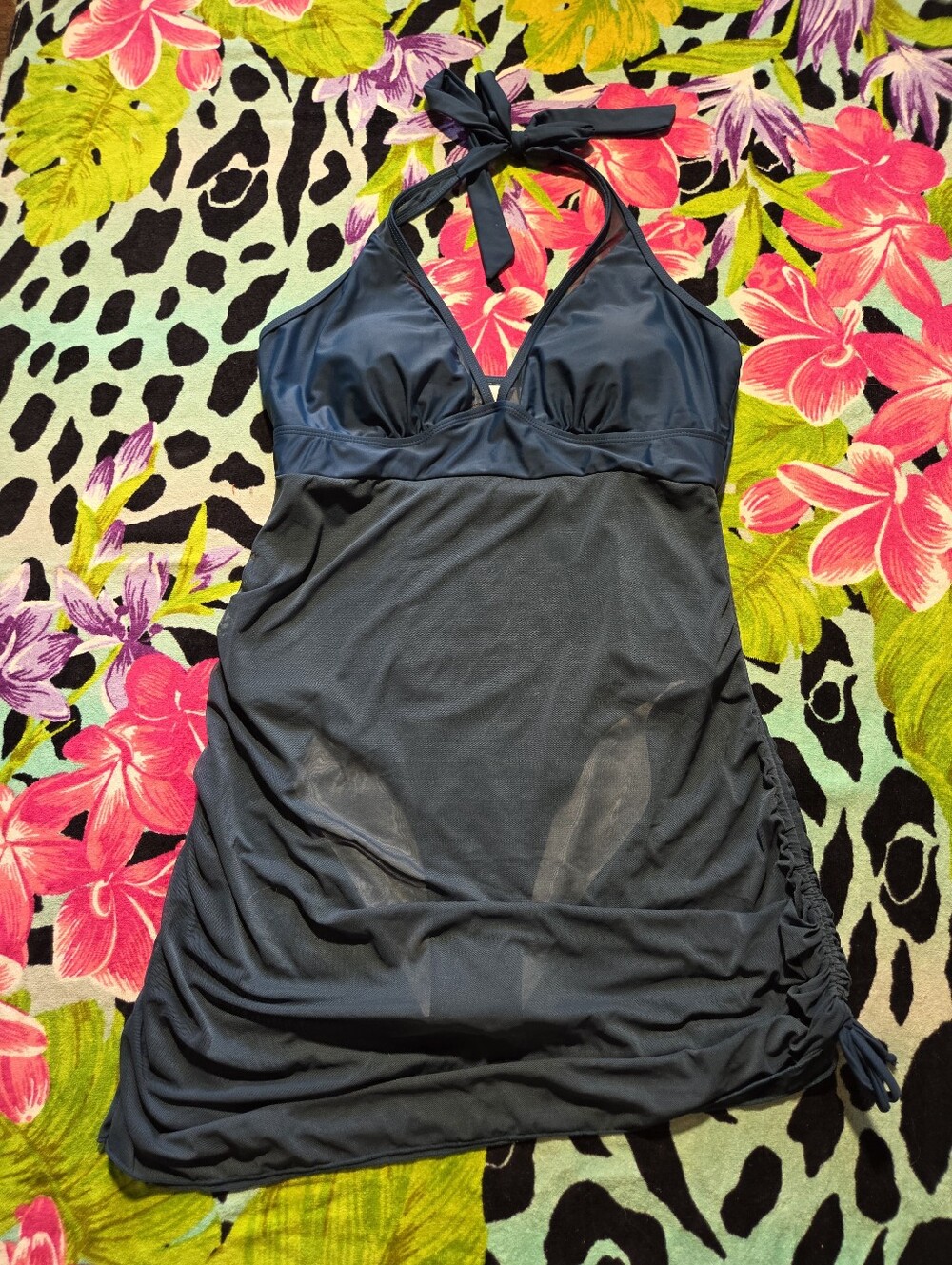 Deep Blue V-Neck Mesh Trim One-Piece Swim Dress